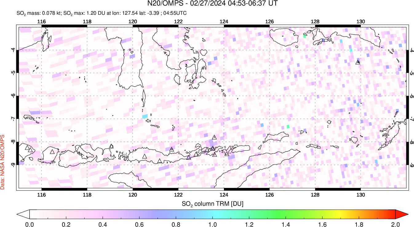 A sulfur dioxide image over Lesser Sunda Islands, Indonesia on Feb 27, 2024.