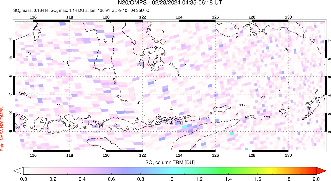 A sulfur dioxide image over Lesser Sunda Islands, Indonesia on Feb 28, 2024.