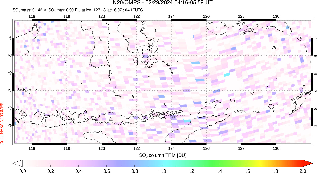 A sulfur dioxide image over Lesser Sunda Islands, Indonesia on Feb 29, 2024.