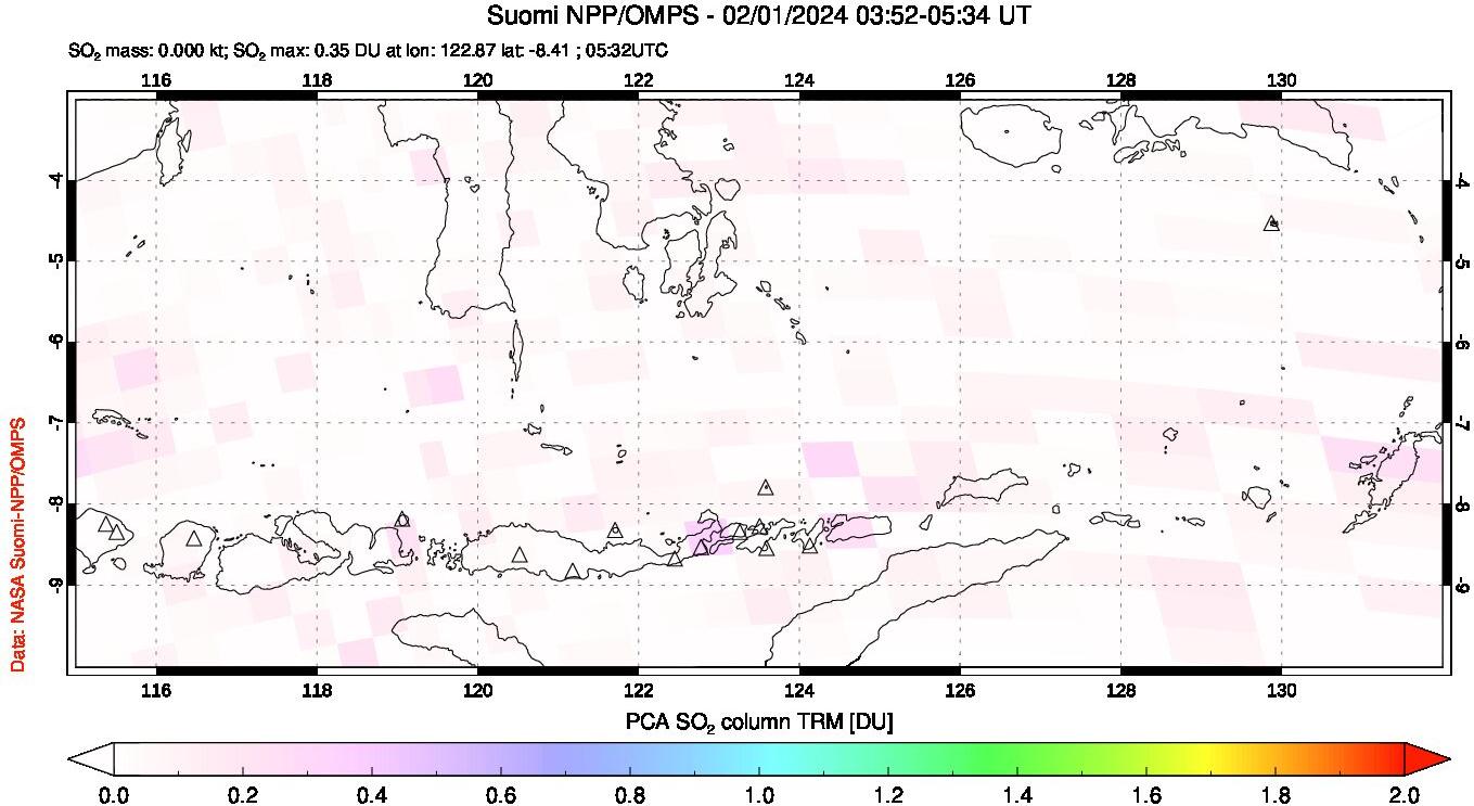 A sulfur dioxide image over Lesser Sunda Islands, Indonesia on Feb 01, 2024.