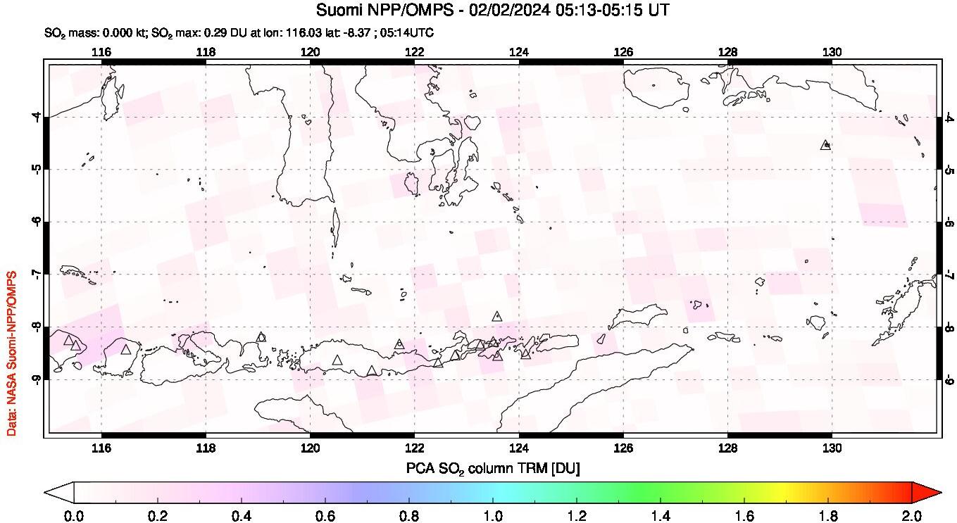 A sulfur dioxide image over Lesser Sunda Islands, Indonesia on Feb 02, 2024.