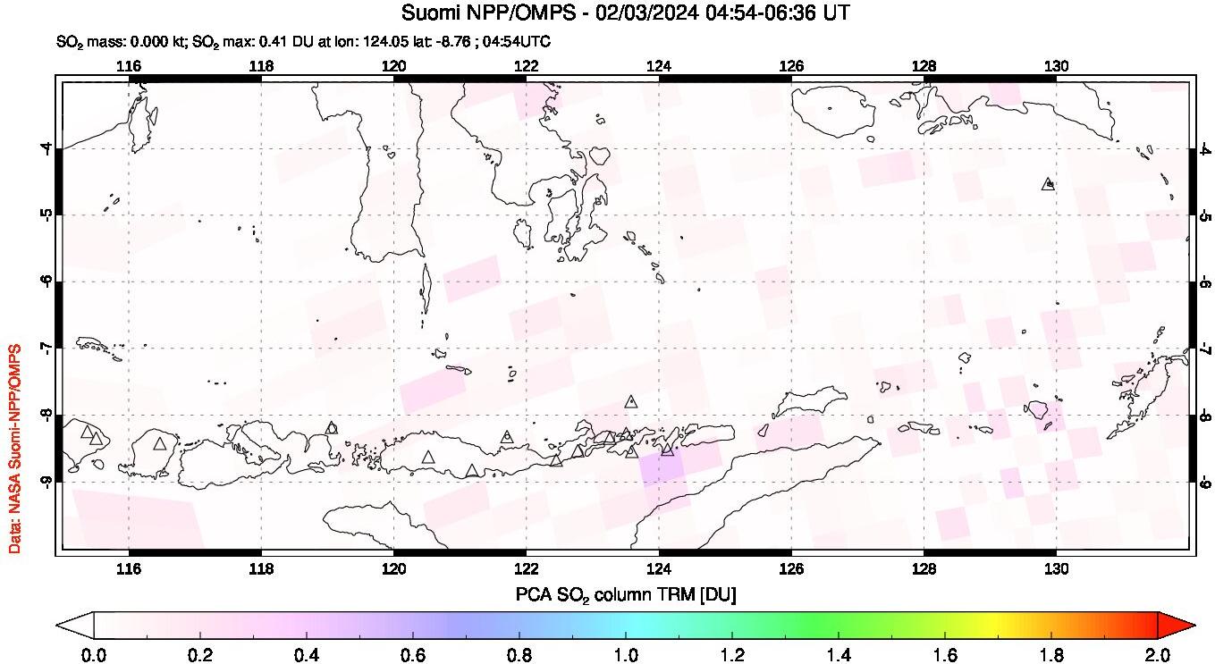 A sulfur dioxide image over Lesser Sunda Islands, Indonesia on Feb 03, 2024.