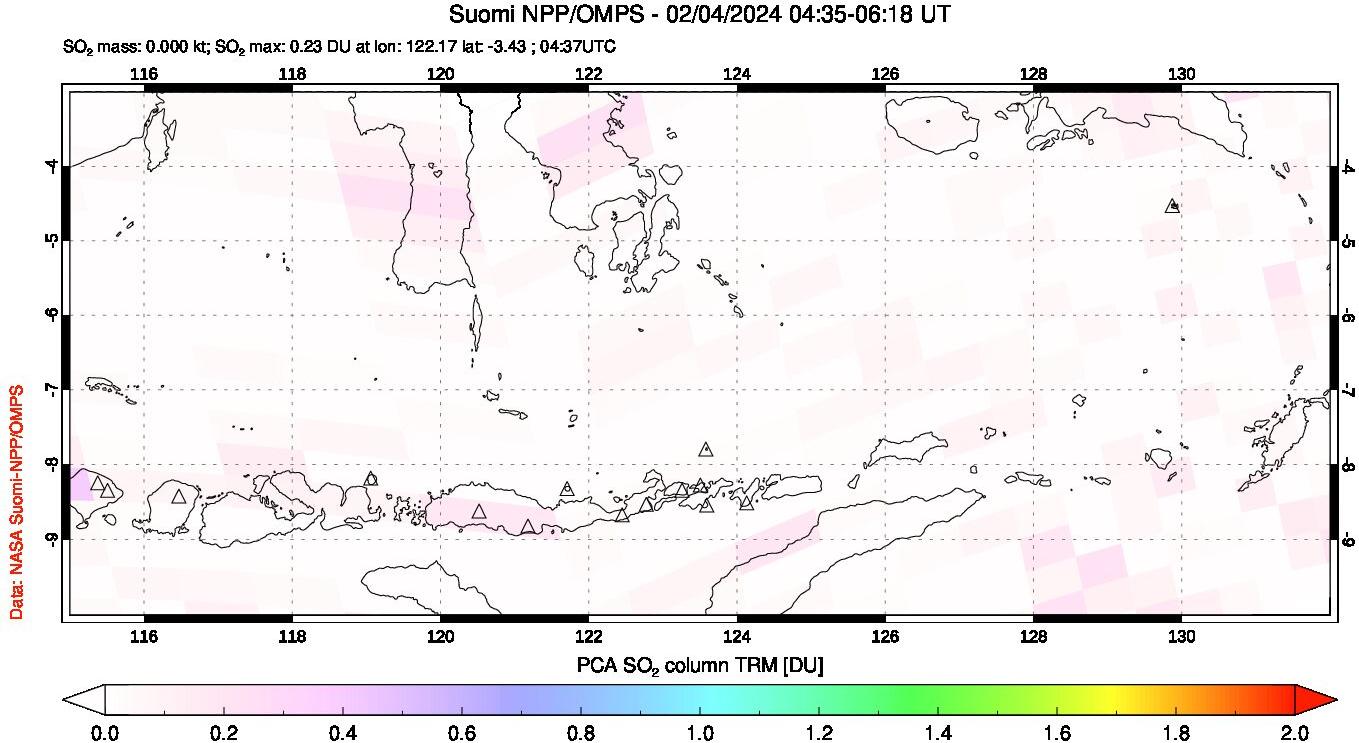 A sulfur dioxide image over Lesser Sunda Islands, Indonesia on Feb 04, 2024.