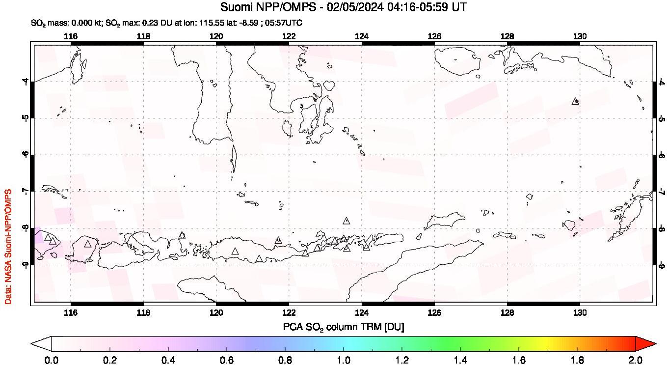 A sulfur dioxide image over Lesser Sunda Islands, Indonesia on Feb 05, 2024.