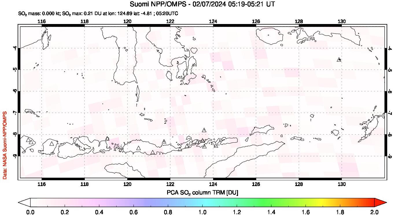 A sulfur dioxide image over Lesser Sunda Islands, Indonesia on Feb 07, 2024.