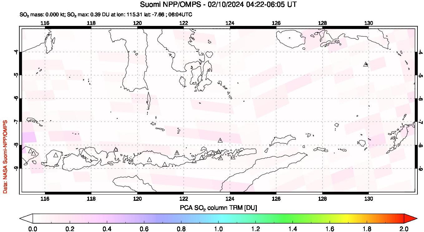 A sulfur dioxide image over Lesser Sunda Islands, Indonesia on Feb 10, 2024.