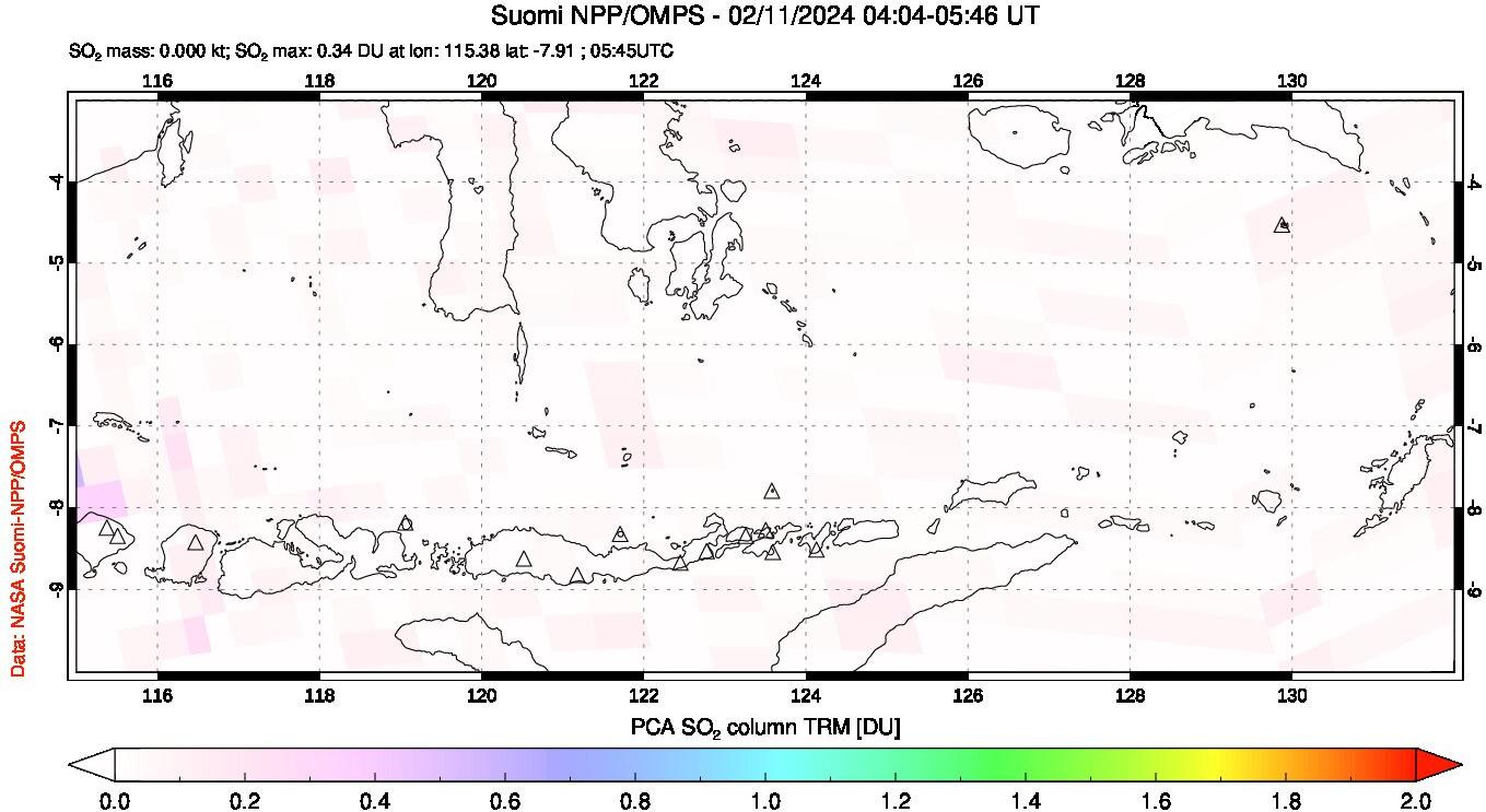 A sulfur dioxide image over Lesser Sunda Islands, Indonesia on Feb 11, 2024.