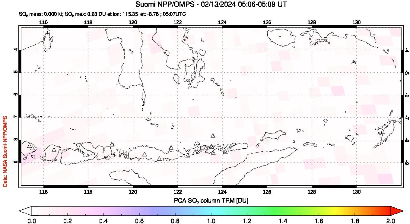 A sulfur dioxide image over Lesser Sunda Islands, Indonesia on Feb 13, 2024.