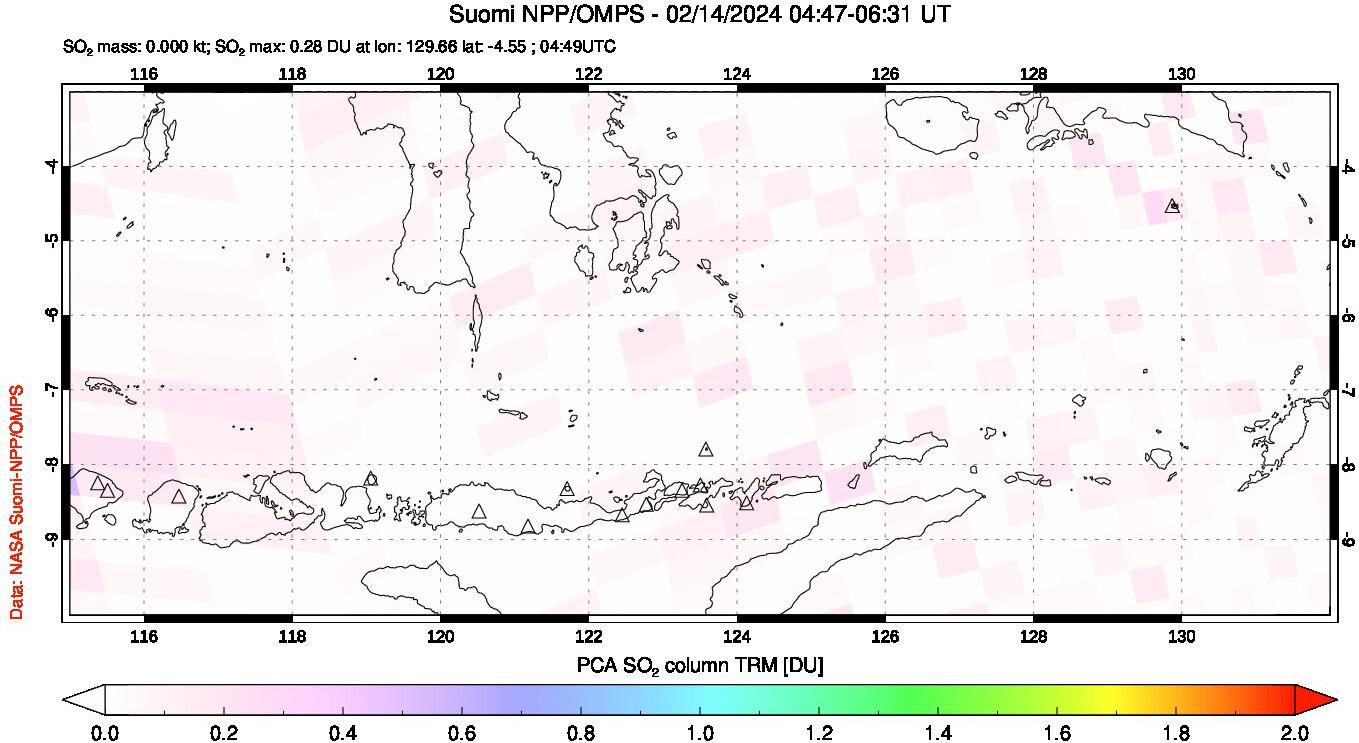 A sulfur dioxide image over Lesser Sunda Islands, Indonesia on Feb 14, 2024.