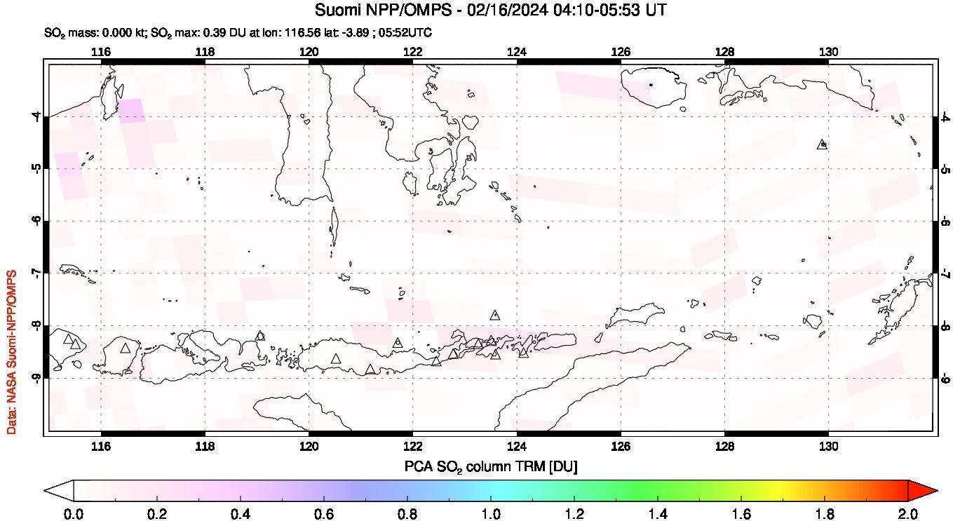 A sulfur dioxide image over Lesser Sunda Islands, Indonesia on Feb 16, 2024.