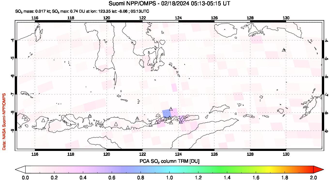 A sulfur dioxide image over Lesser Sunda Islands, Indonesia on Feb 18, 2024.