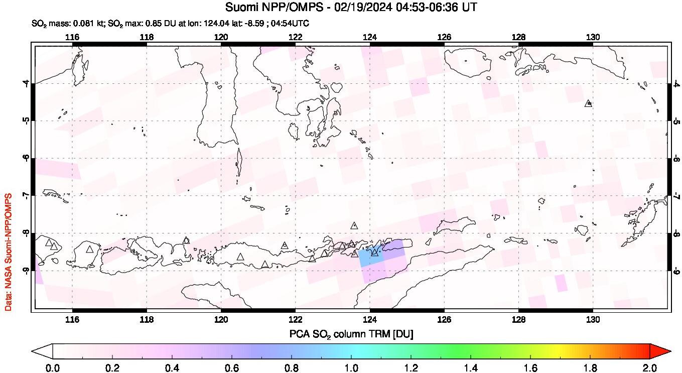 A sulfur dioxide image over Lesser Sunda Islands, Indonesia on Feb 19, 2024.