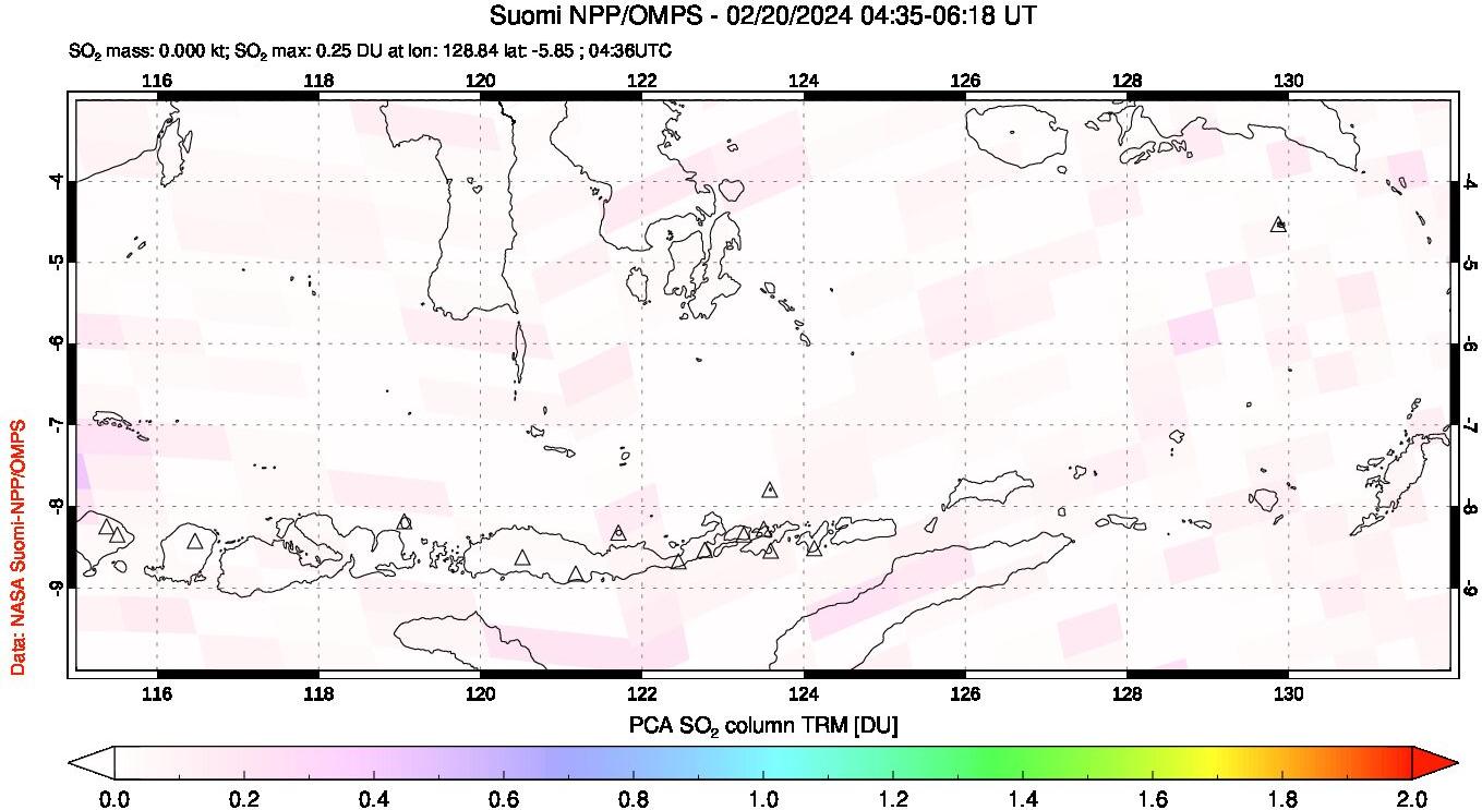 A sulfur dioxide image over Lesser Sunda Islands, Indonesia on Feb 20, 2024.