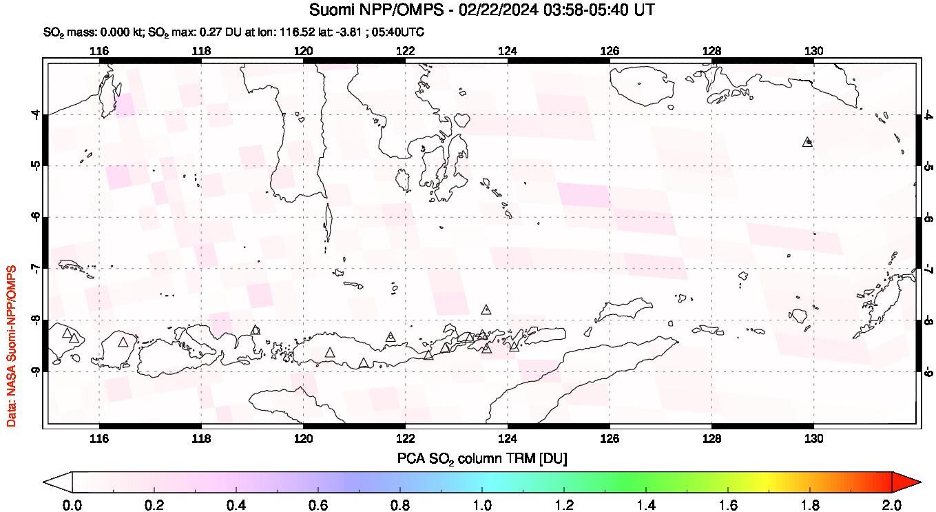 A sulfur dioxide image over Lesser Sunda Islands, Indonesia on Feb 22, 2024.