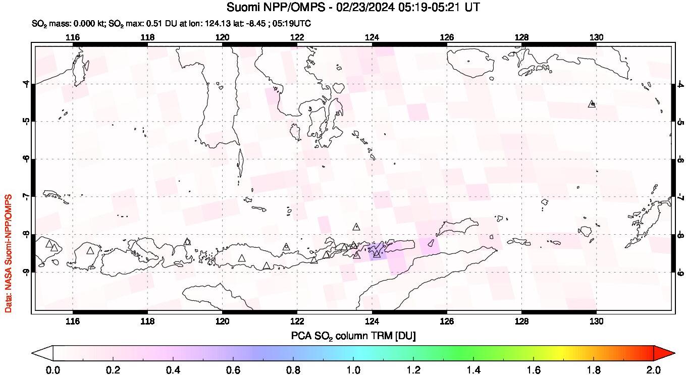 A sulfur dioxide image over Lesser Sunda Islands, Indonesia on Feb 23, 2024.