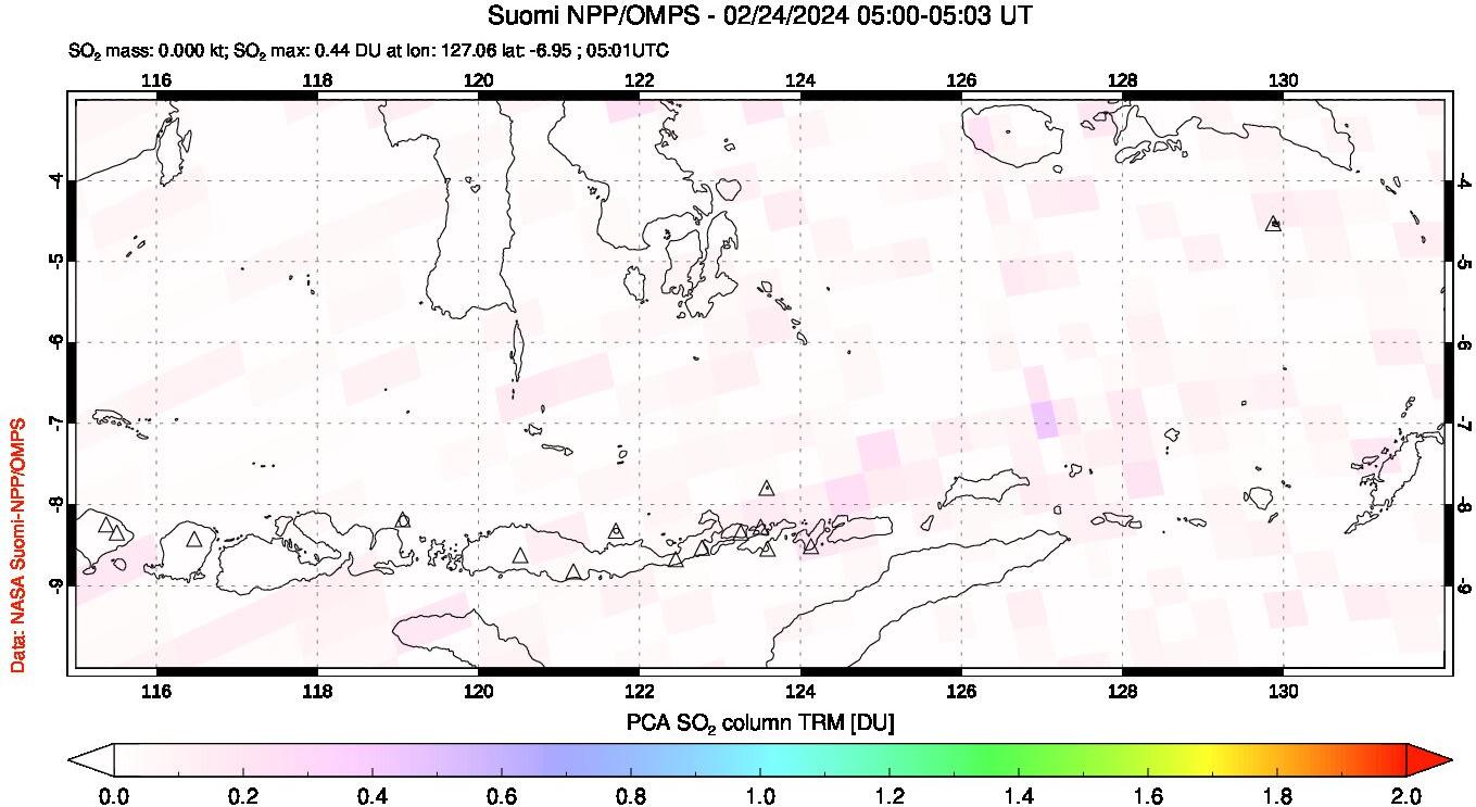 A sulfur dioxide image over Lesser Sunda Islands, Indonesia on Feb 24, 2024.