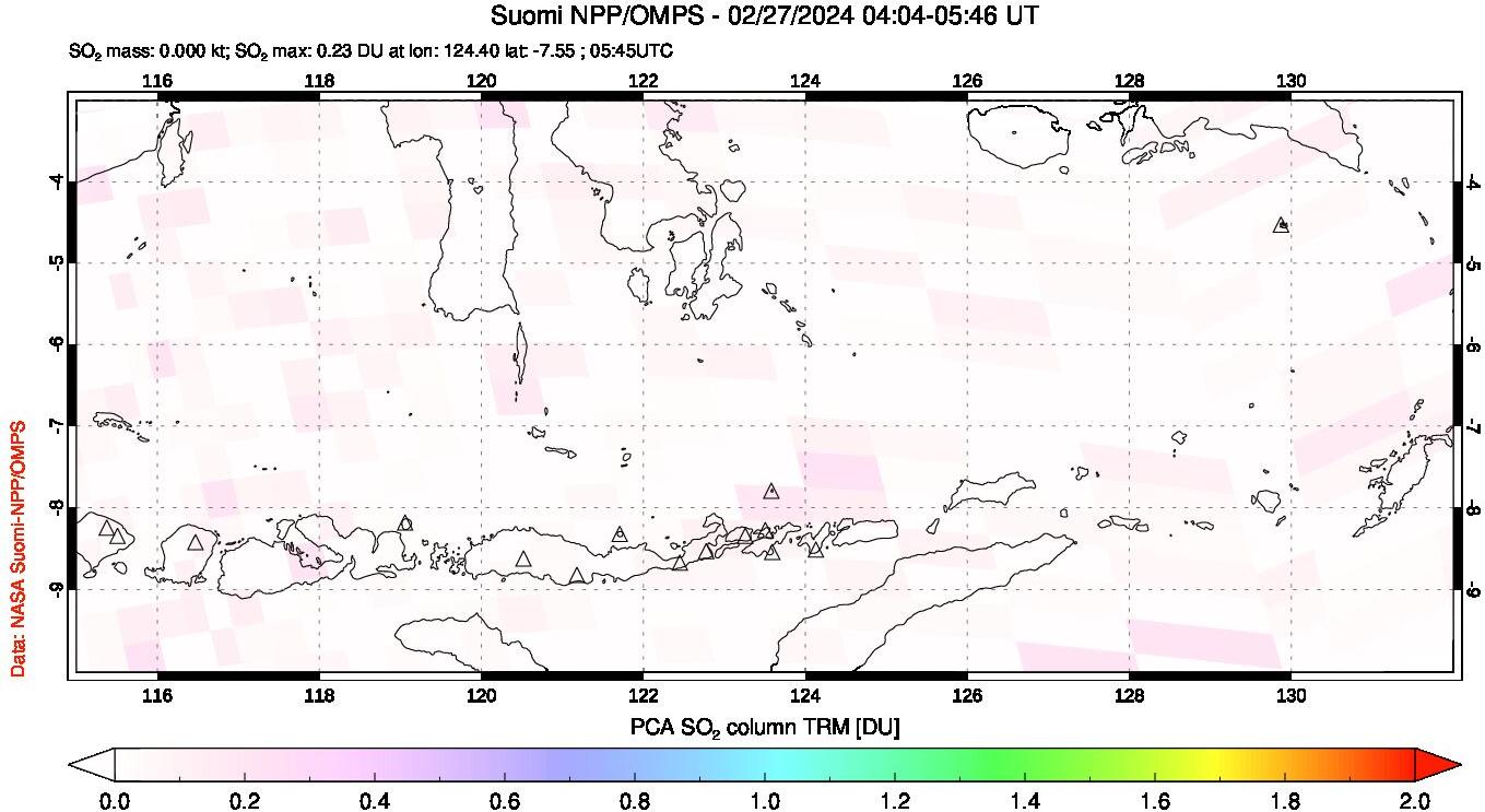 A sulfur dioxide image over Lesser Sunda Islands, Indonesia on Feb 27, 2024.