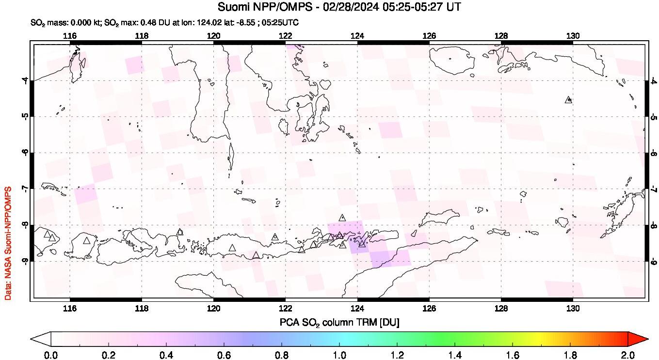 A sulfur dioxide image over Lesser Sunda Islands, Indonesia on Feb 28, 2024.