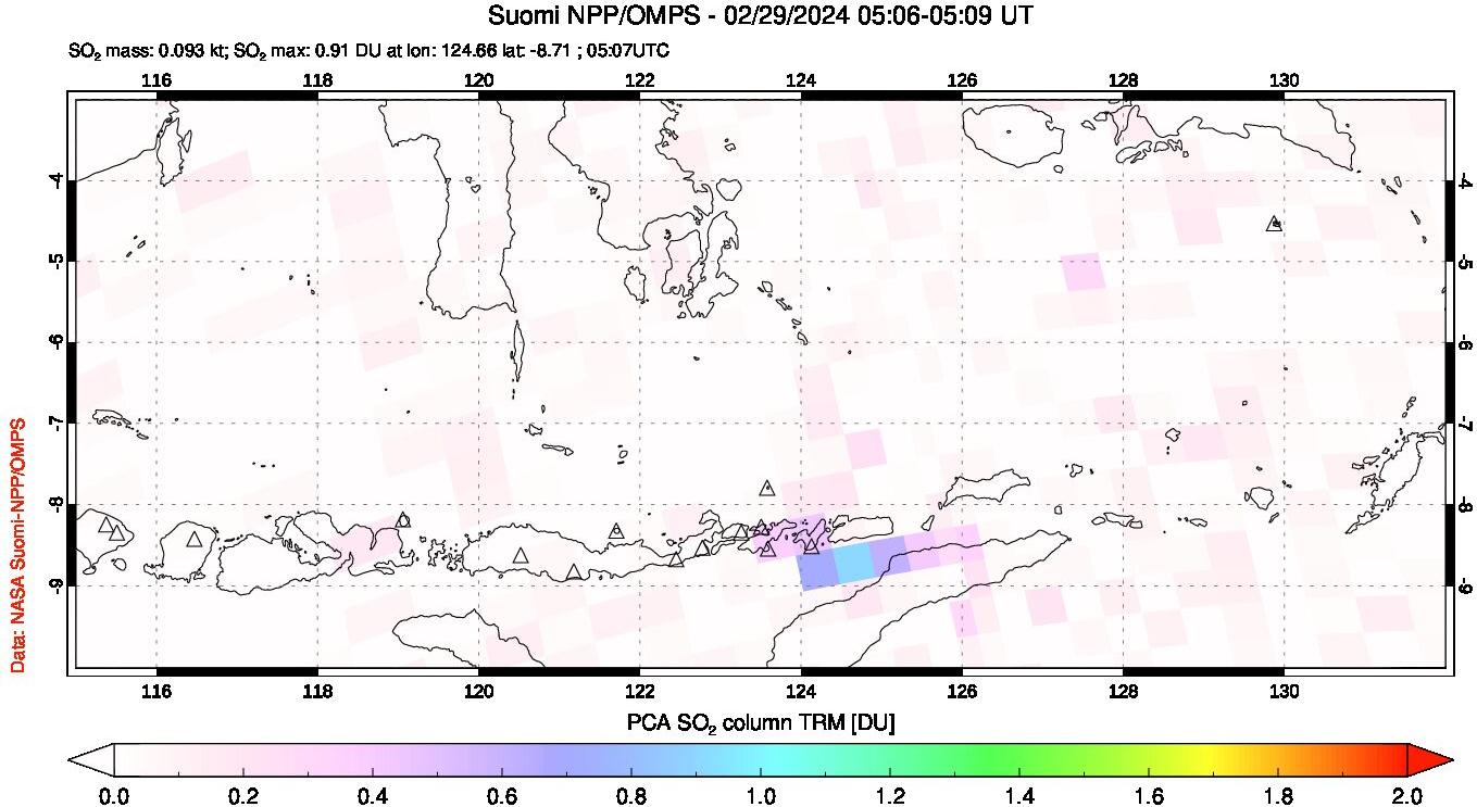 A sulfur dioxide image over Lesser Sunda Islands, Indonesia on Feb 29, 2024.