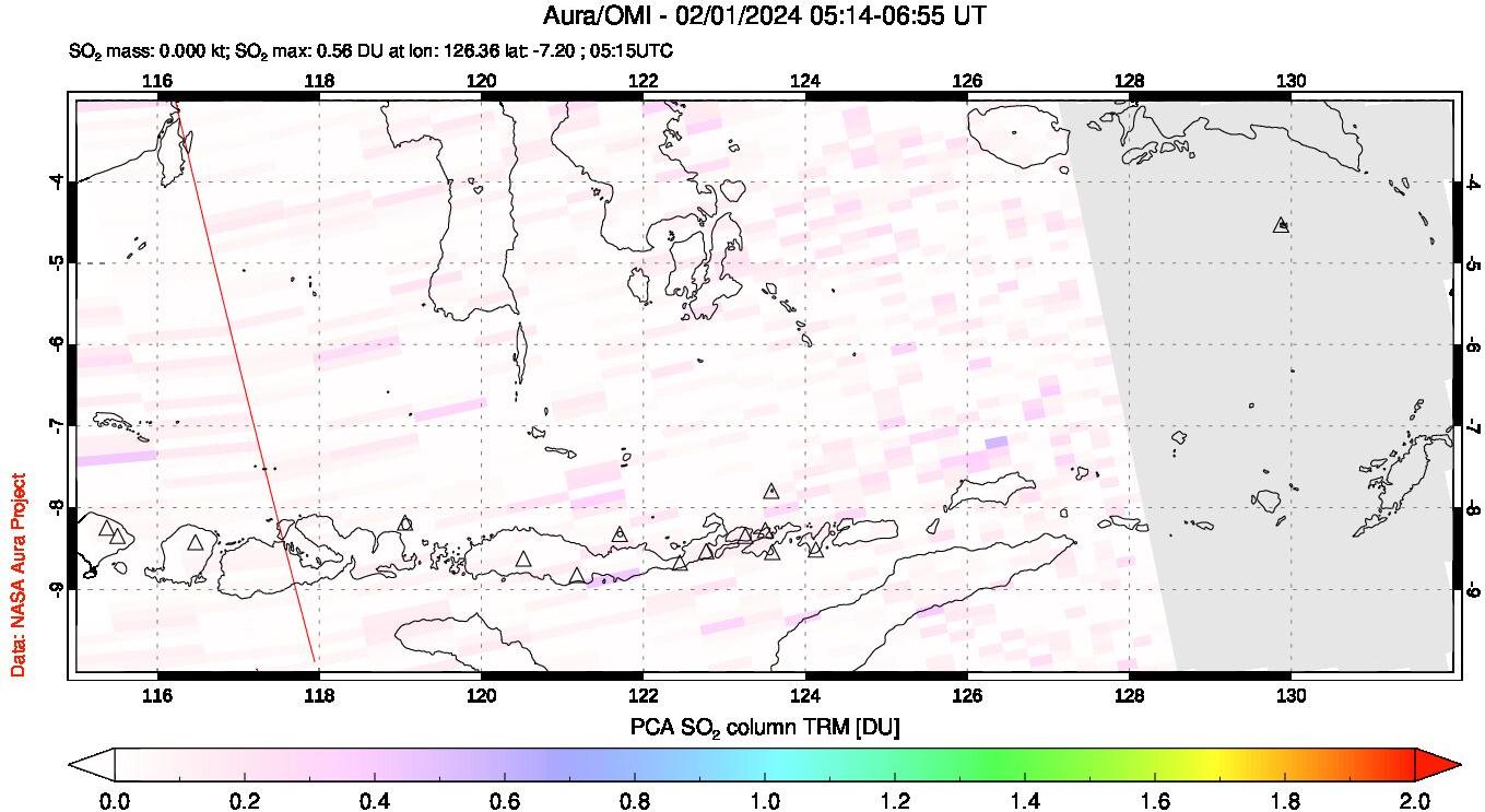 A sulfur dioxide image over Lesser Sunda Islands, Indonesia on Feb 01, 2024.