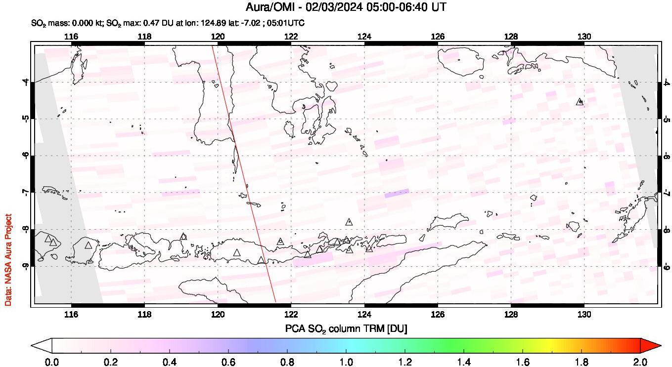 A sulfur dioxide image over Lesser Sunda Islands, Indonesia on Feb 03, 2024.
