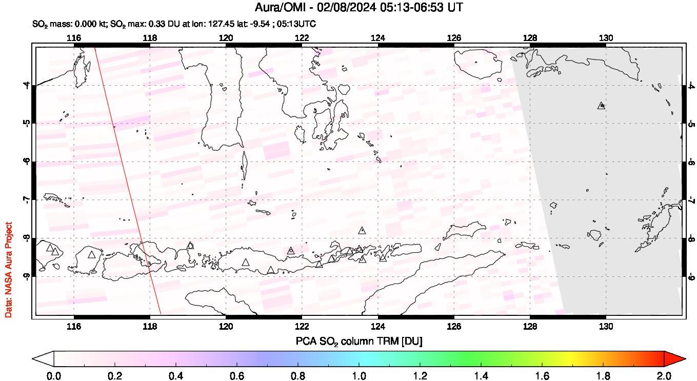 A sulfur dioxide image over Lesser Sunda Islands, Indonesia on Feb 08, 2024.
