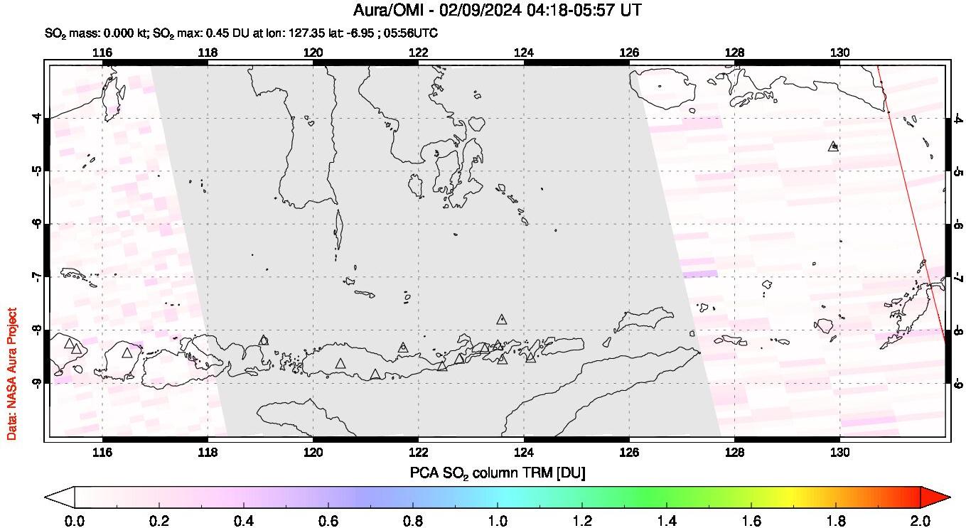 A sulfur dioxide image over Lesser Sunda Islands, Indonesia on Feb 09, 2024.