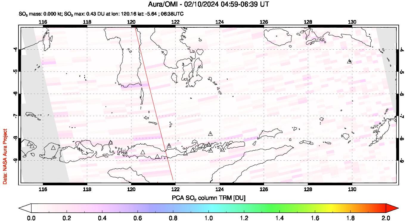 A sulfur dioxide image over Lesser Sunda Islands, Indonesia on Feb 10, 2024.