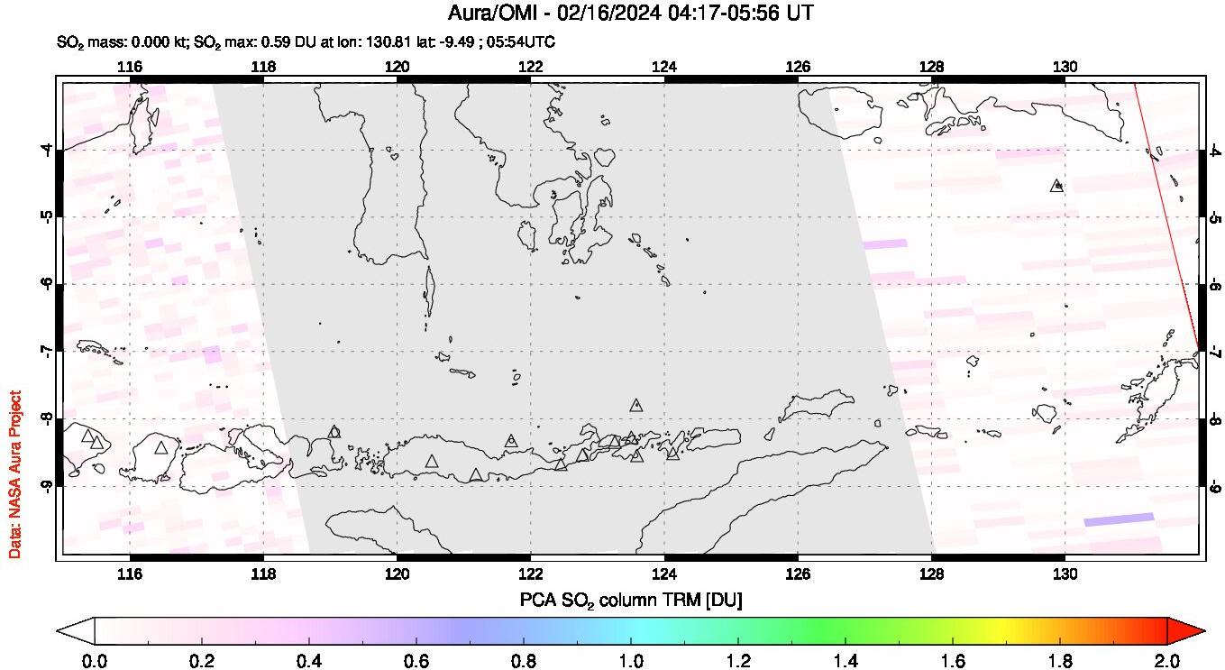 A sulfur dioxide image over Lesser Sunda Islands, Indonesia on Feb 16, 2024.