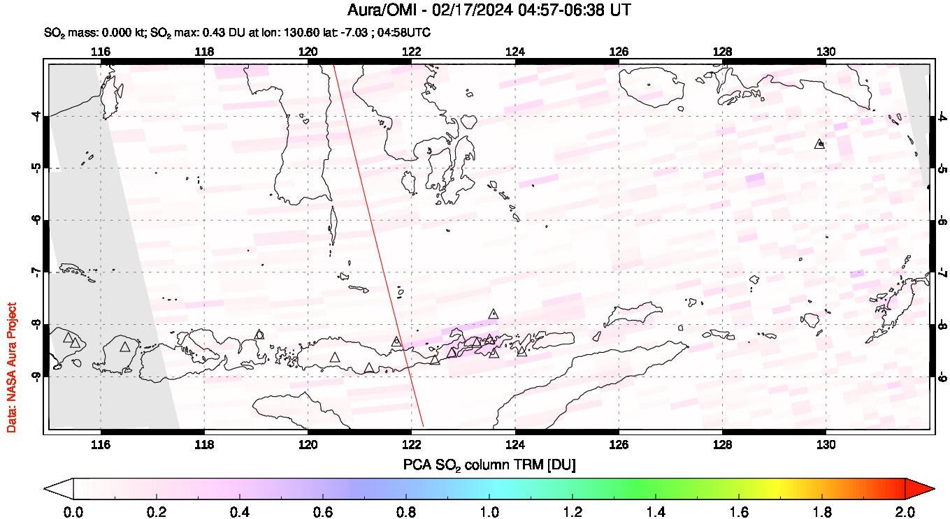 A sulfur dioxide image over Lesser Sunda Islands, Indonesia on Feb 17, 2024.