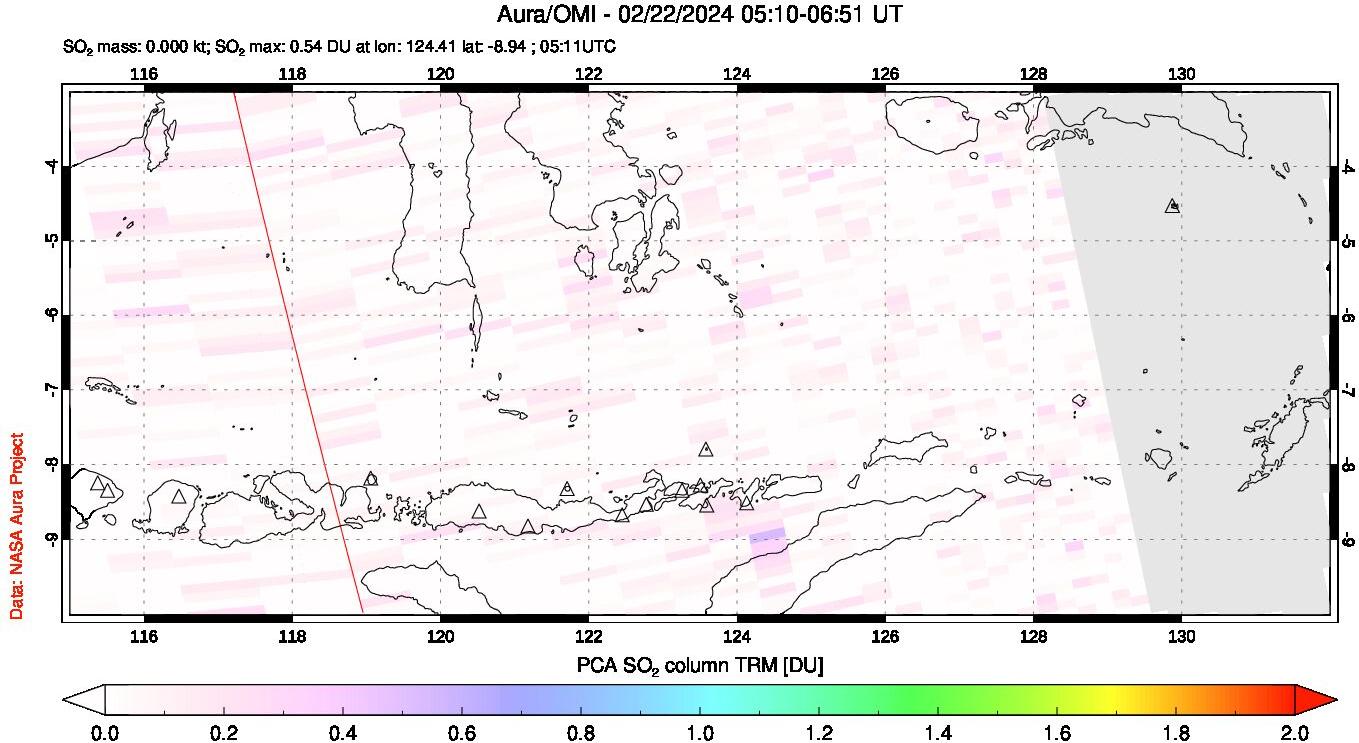 A sulfur dioxide image over Lesser Sunda Islands, Indonesia on Feb 22, 2024.