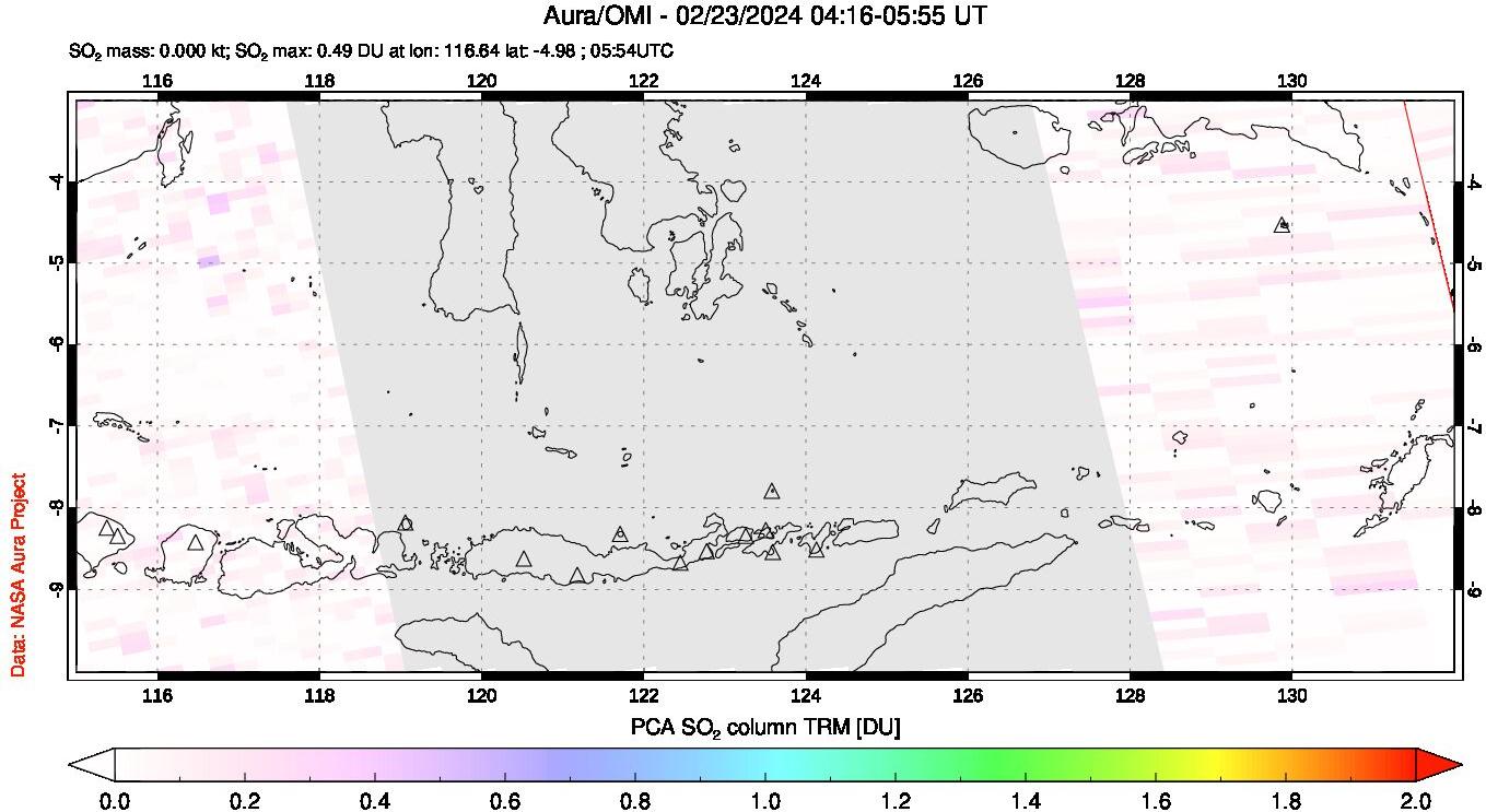 A sulfur dioxide image over Lesser Sunda Islands, Indonesia on Feb 23, 2024.