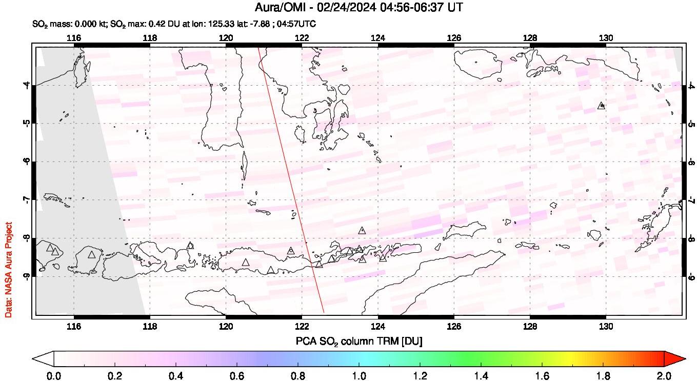 A sulfur dioxide image over Lesser Sunda Islands, Indonesia on Feb 24, 2024.