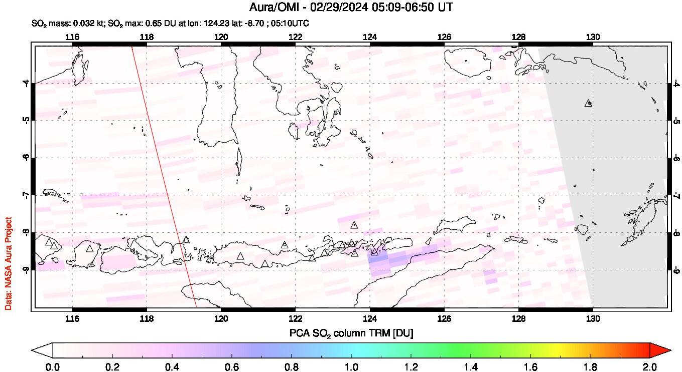 A sulfur dioxide image over Lesser Sunda Islands, Indonesia on Feb 29, 2024.