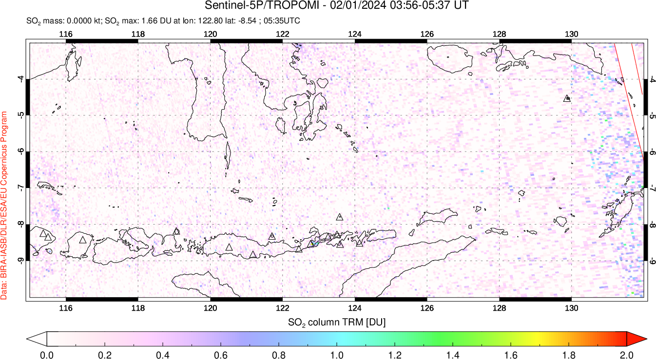 A sulfur dioxide image over Lesser Sunda Islands, Indonesia on Feb 01, 2024.