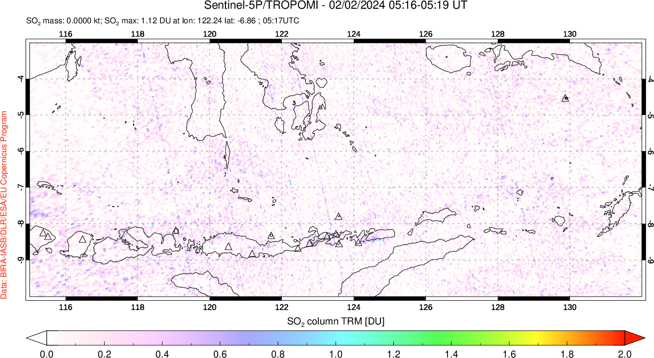 A sulfur dioxide image over Lesser Sunda Islands, Indonesia on Feb 02, 2024.