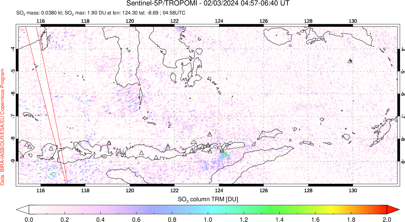 A sulfur dioxide image over Lesser Sunda Islands, Indonesia on Feb 03, 2024.