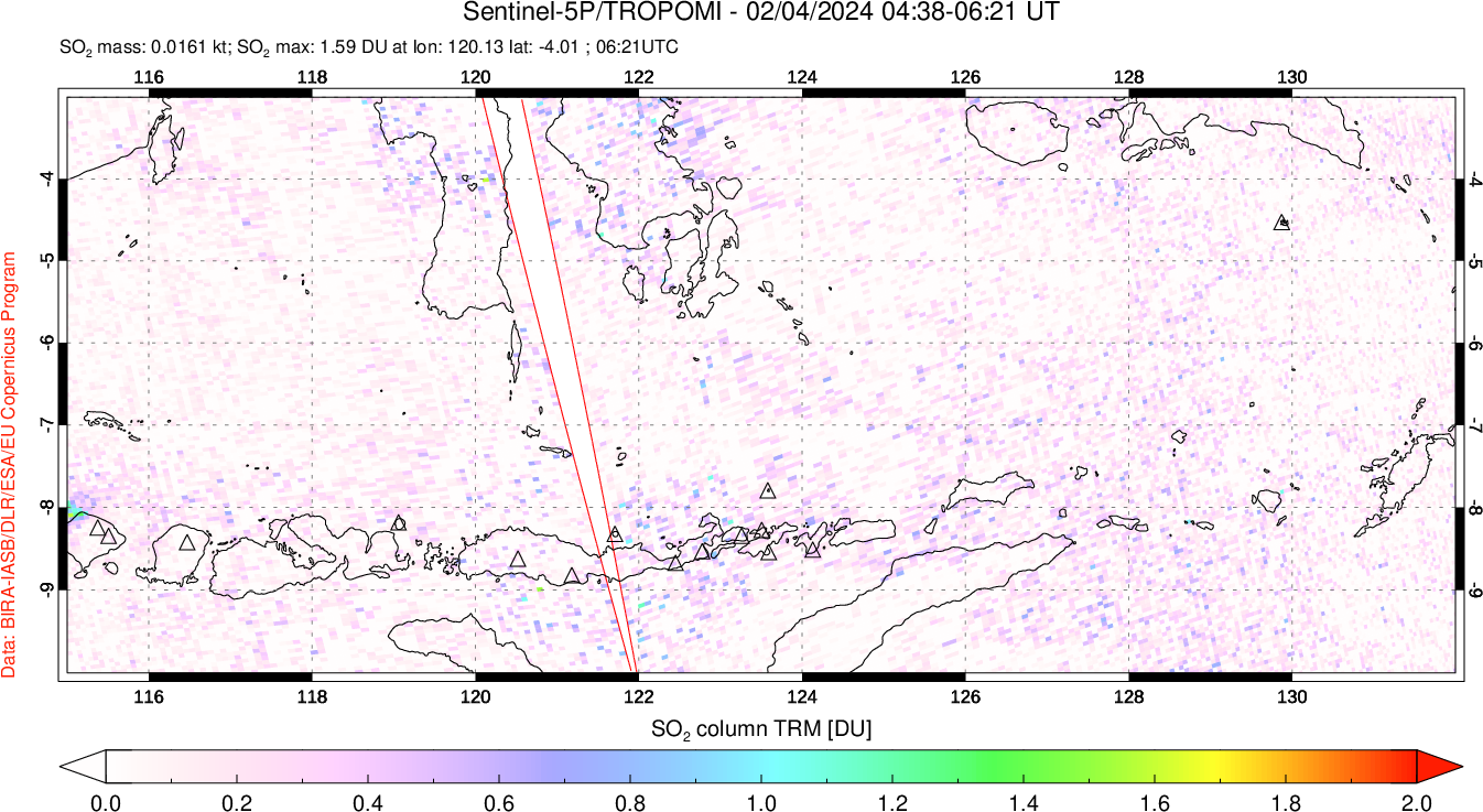 A sulfur dioxide image over Lesser Sunda Islands, Indonesia on Feb 04, 2024.