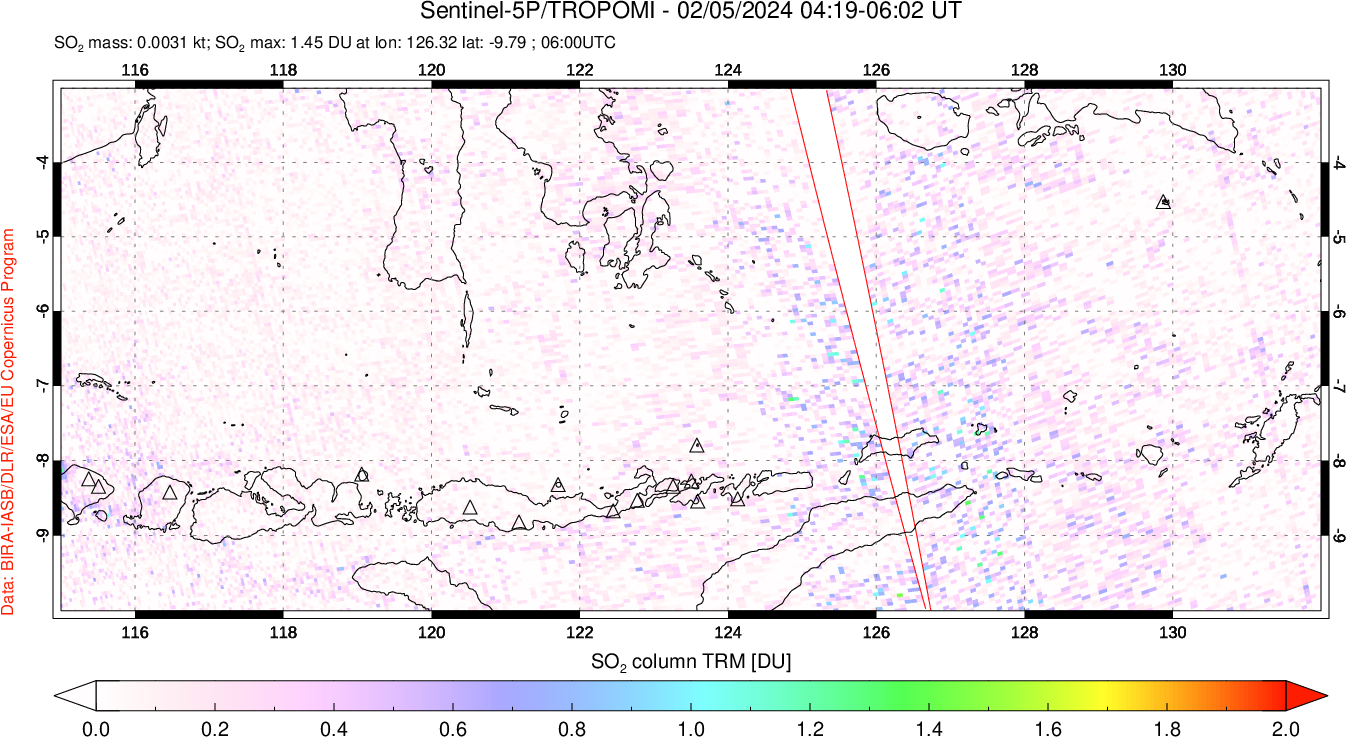 A sulfur dioxide image over Lesser Sunda Islands, Indonesia on Feb 05, 2024.