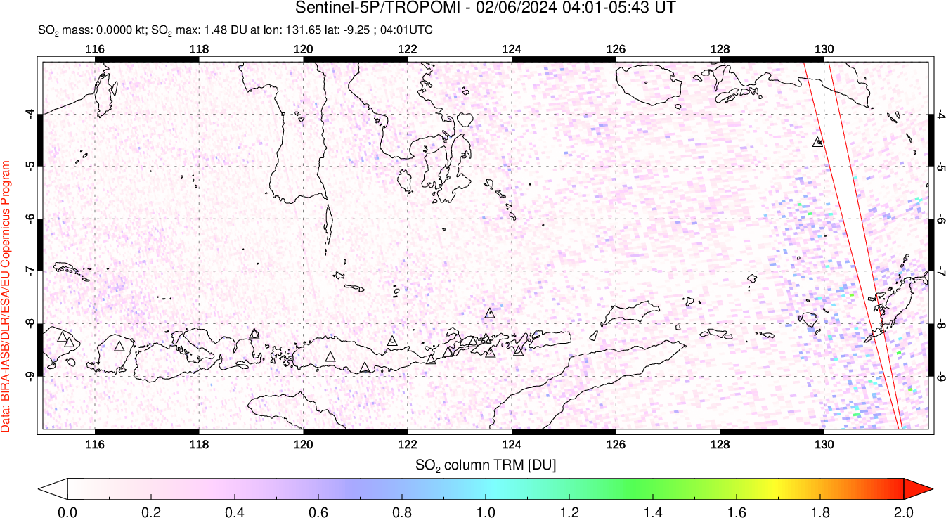 A sulfur dioxide image over Lesser Sunda Islands, Indonesia on Feb 06, 2024.