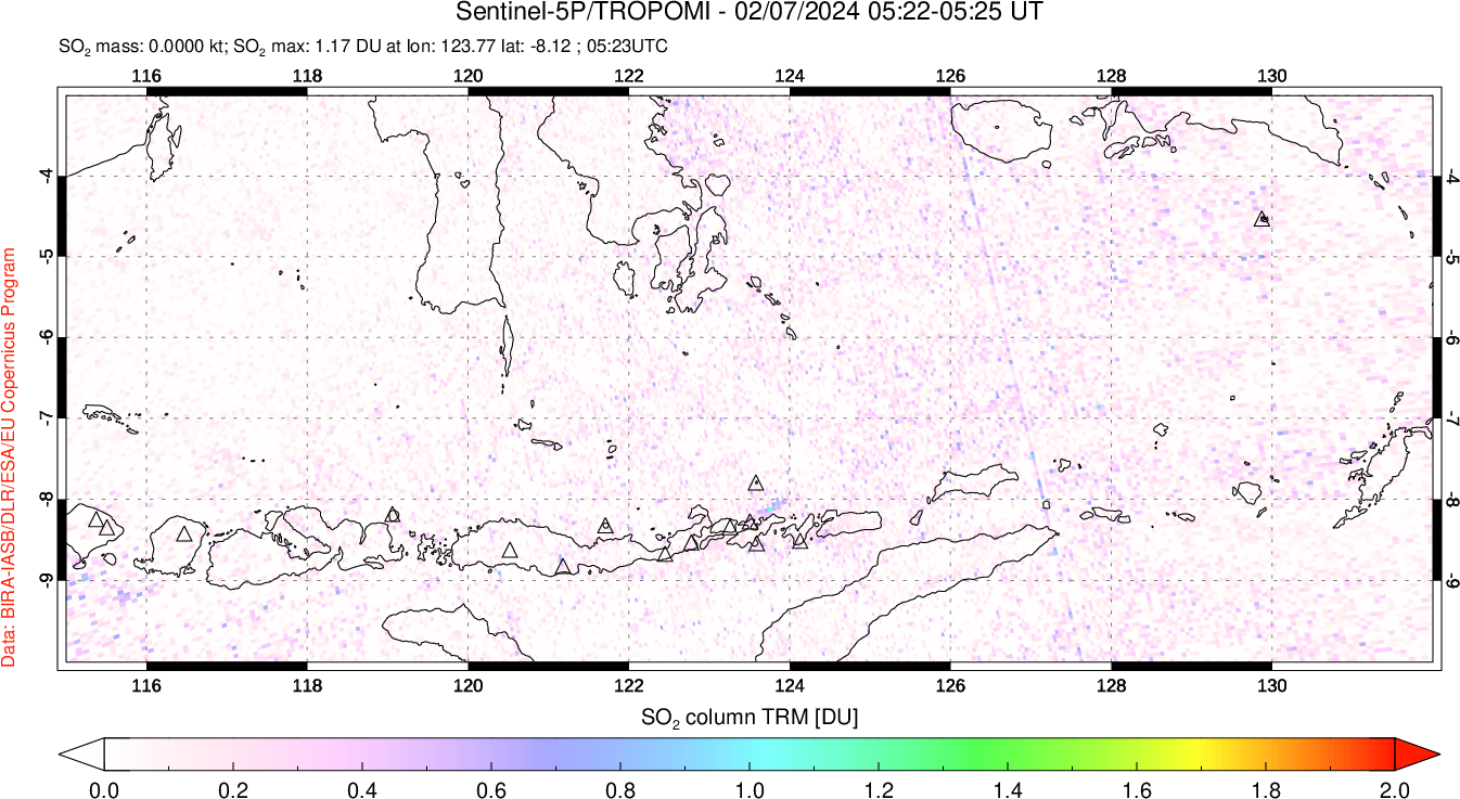 A sulfur dioxide image over Lesser Sunda Islands, Indonesia on Feb 07, 2024.