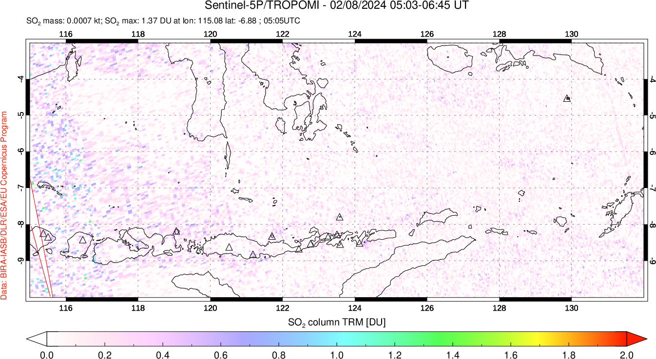 A sulfur dioxide image over Lesser Sunda Islands, Indonesia on Feb 08, 2024.