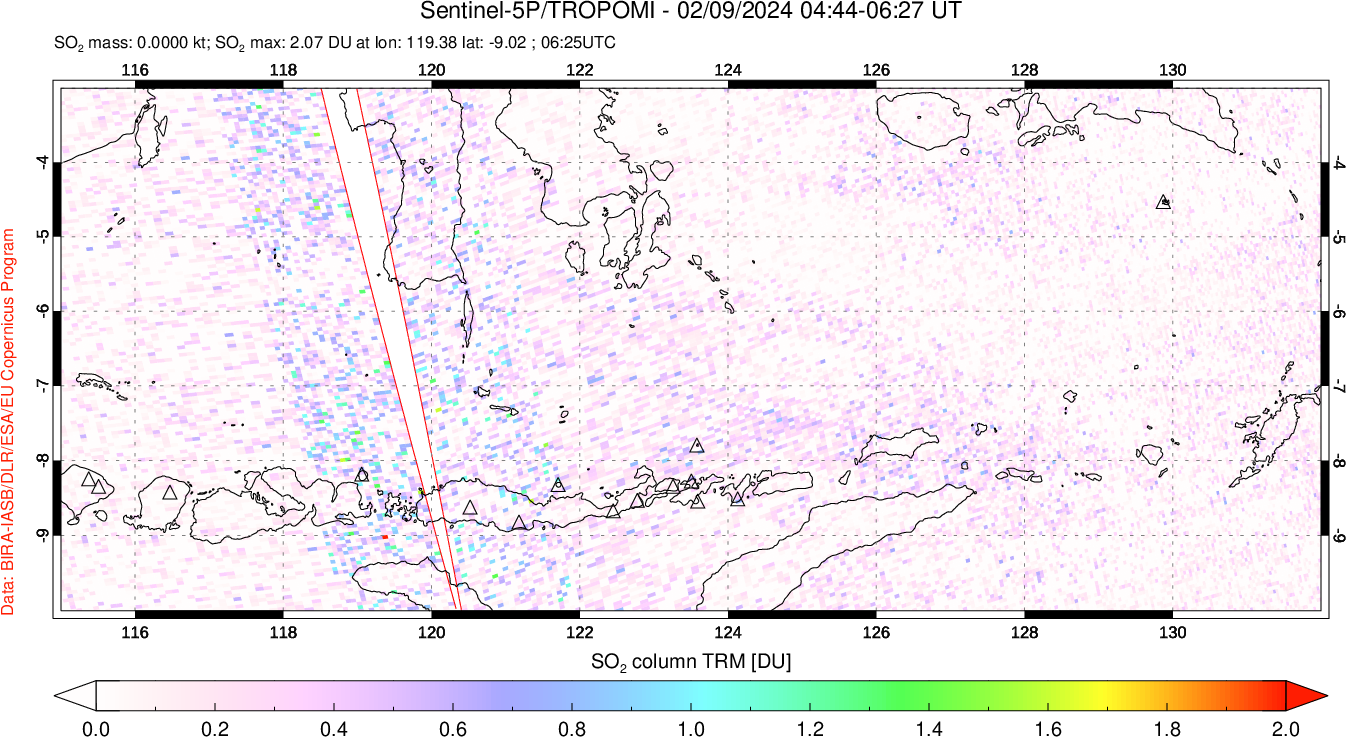 A sulfur dioxide image over Lesser Sunda Islands, Indonesia on Feb 09, 2024.