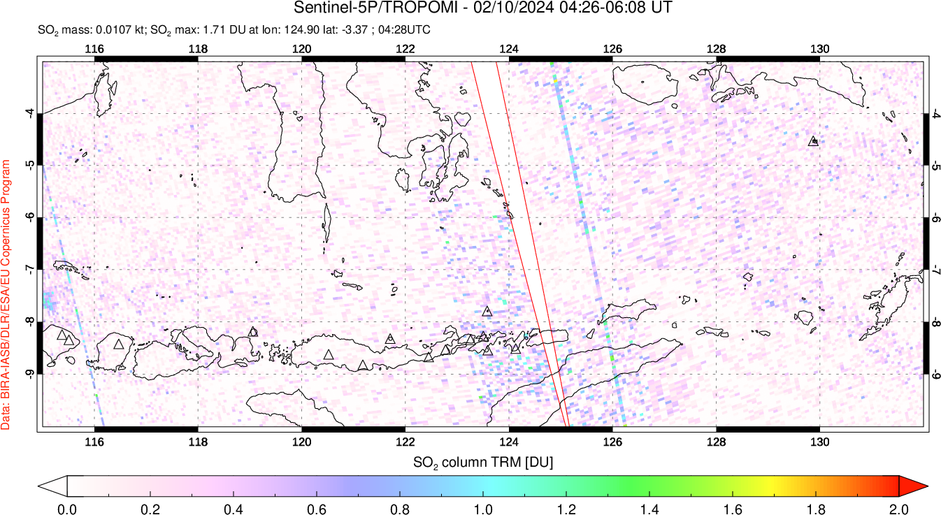 A sulfur dioxide image over Lesser Sunda Islands, Indonesia on Feb 10, 2024.