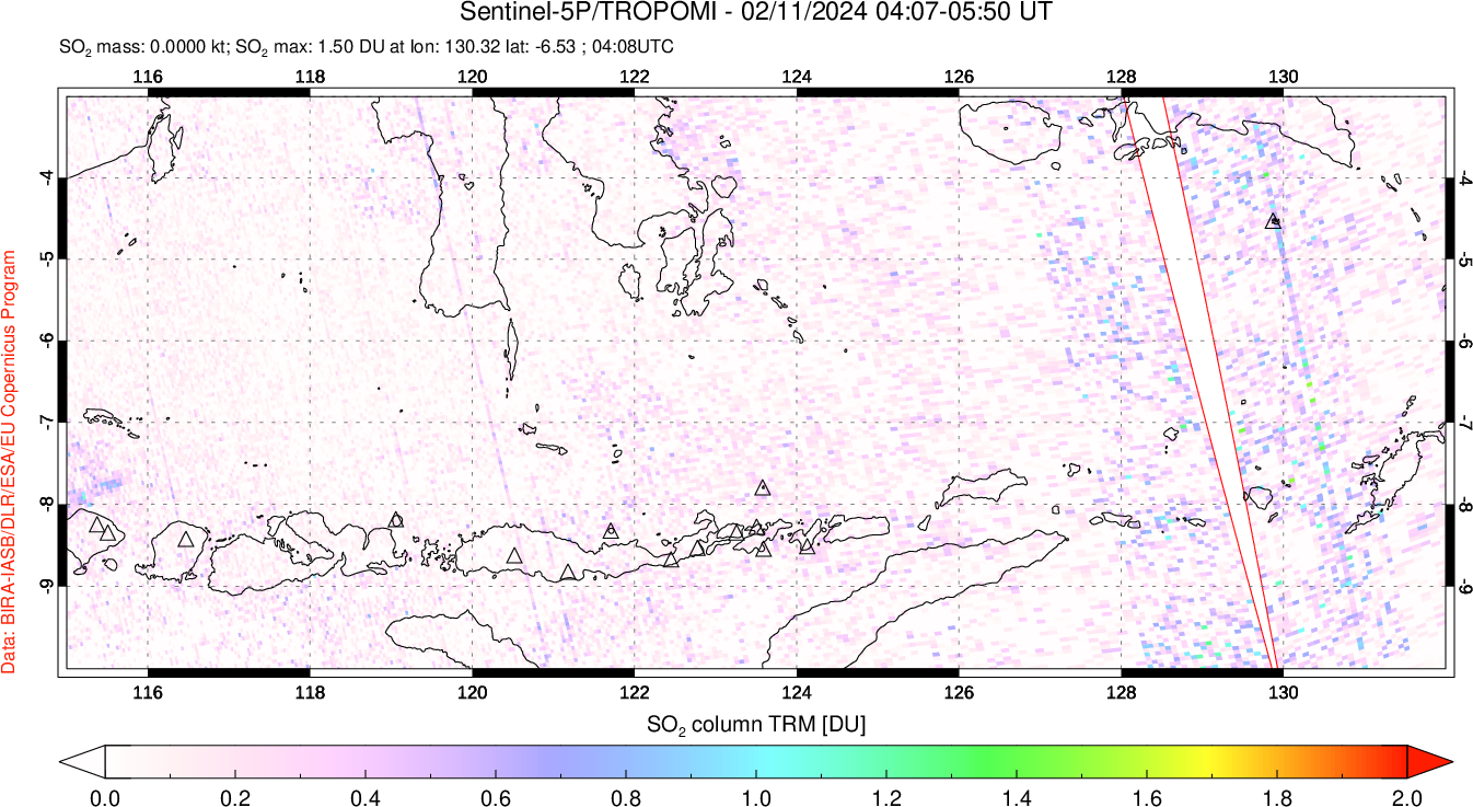 A sulfur dioxide image over Lesser Sunda Islands, Indonesia on Feb 11, 2024.