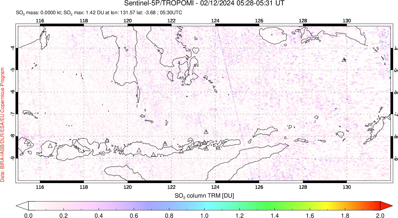 A sulfur dioxide image over Lesser Sunda Islands, Indonesia on Feb 12, 2024.