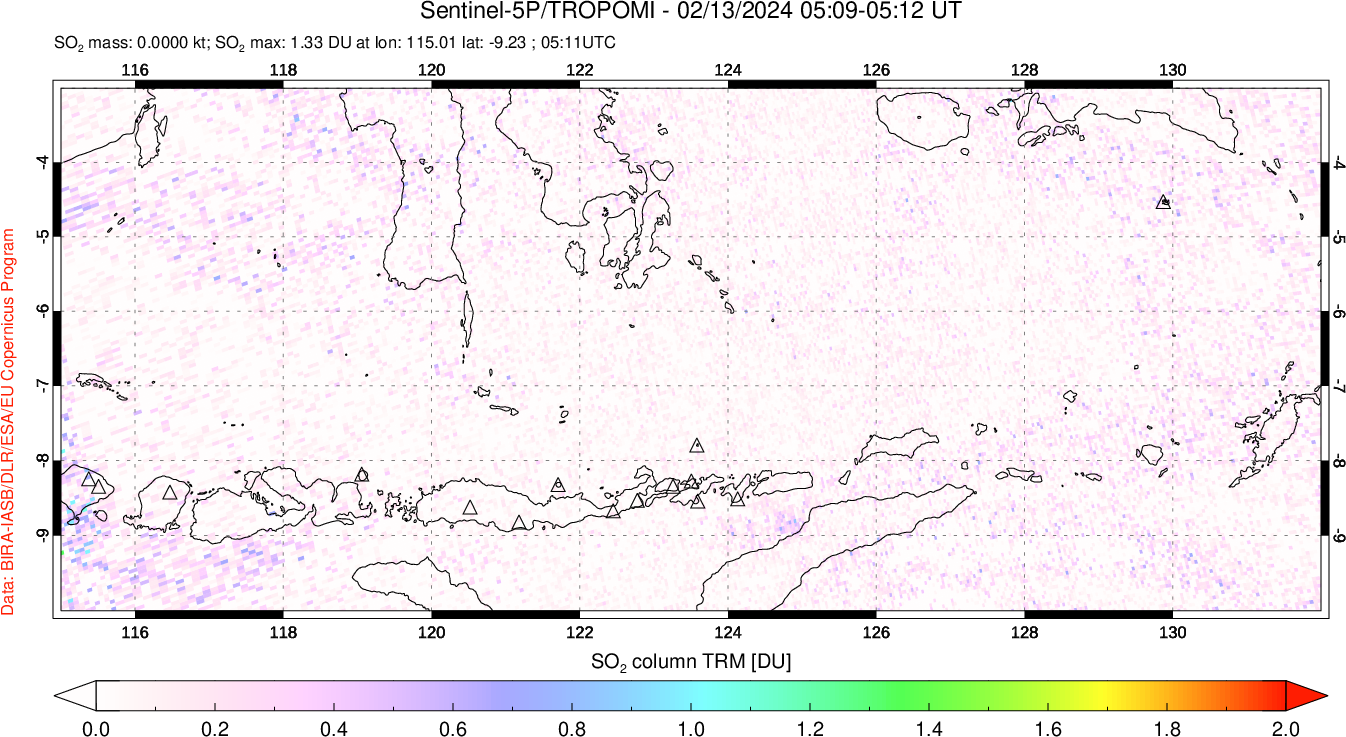 A sulfur dioxide image over Lesser Sunda Islands, Indonesia on Feb 13, 2024.