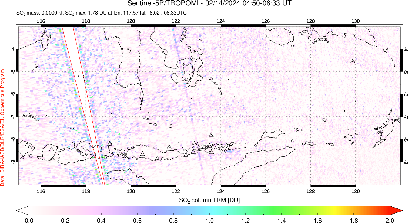 A sulfur dioxide image over Lesser Sunda Islands, Indonesia on Feb 14, 2024.