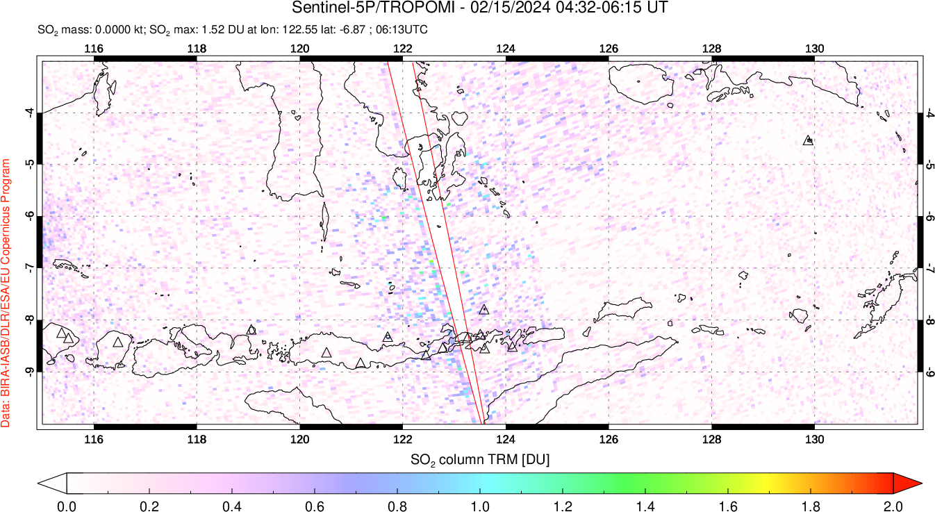 A sulfur dioxide image over Lesser Sunda Islands, Indonesia on Feb 15, 2024.