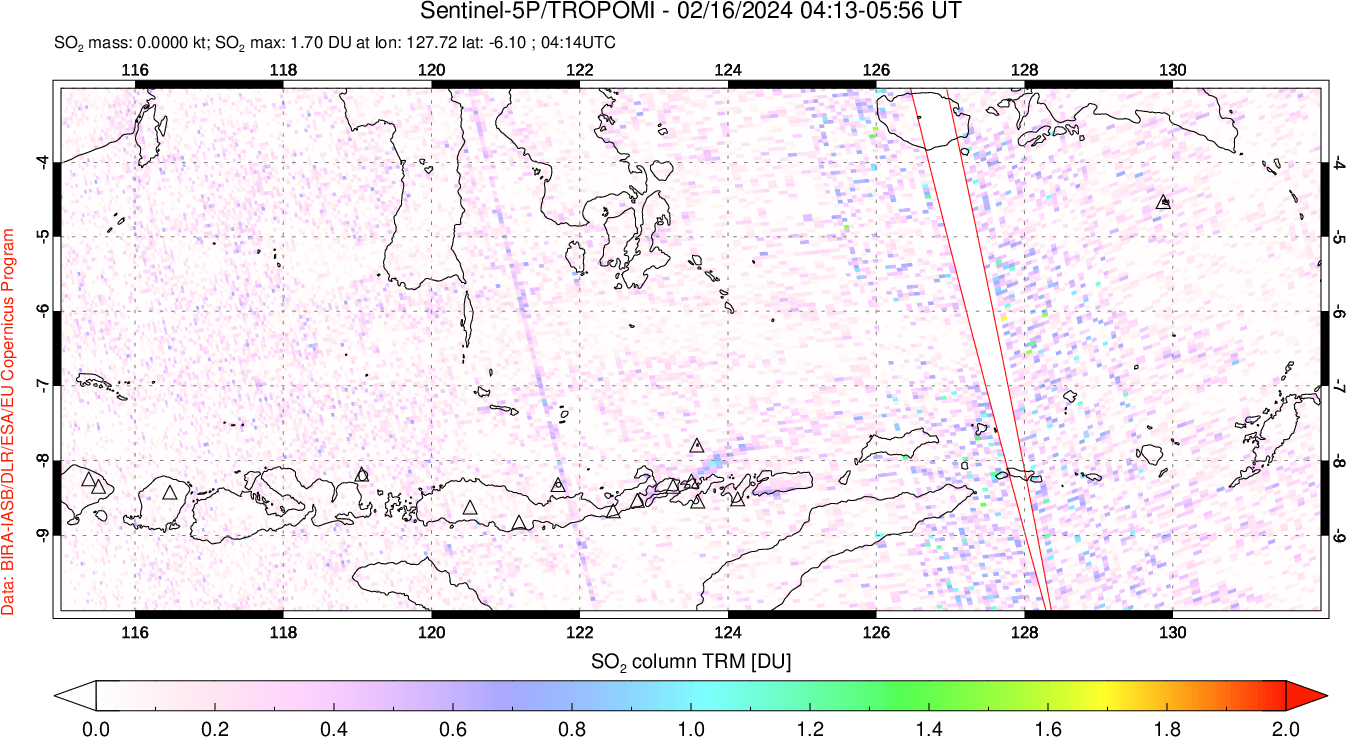 A sulfur dioxide image over Lesser Sunda Islands, Indonesia on Feb 16, 2024.